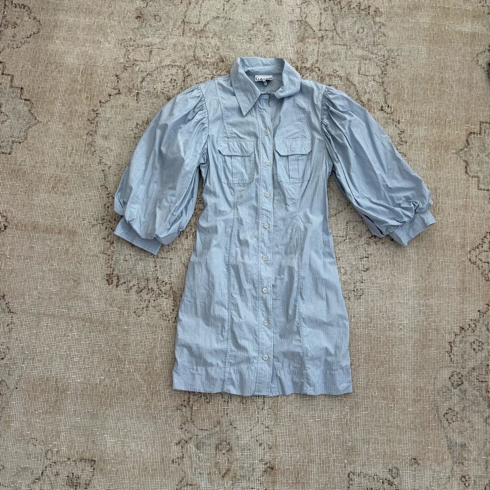 Light Blue Puff Sleeve Button-Front Shirt Dress